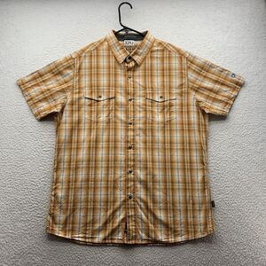 Kuhl Metal Button Up Shirt Mens Large L Orange Plaid Linen Blend‎ Hiking Camping